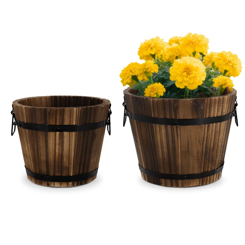 HAKKART Wooden Barrel Planters, 8 inch 7 inch Plant Pot with Drainage Holes for Indoor Plants Decor, Set of 2 - Image 1